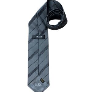 Elegant Hugo Boss Premium Tie, Italian Silk, Gray with Gold Accent Stripes”